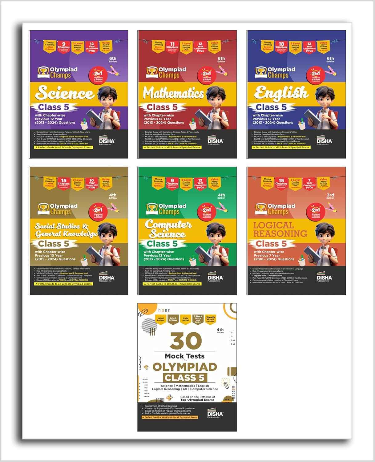 Old Edition - Disha Olympiad Champs Science, Mathematics, English, Logical Reasoning, Cyber & GK Class 5 with 28 Mock Tests (set of 7 books) 3rd Edition