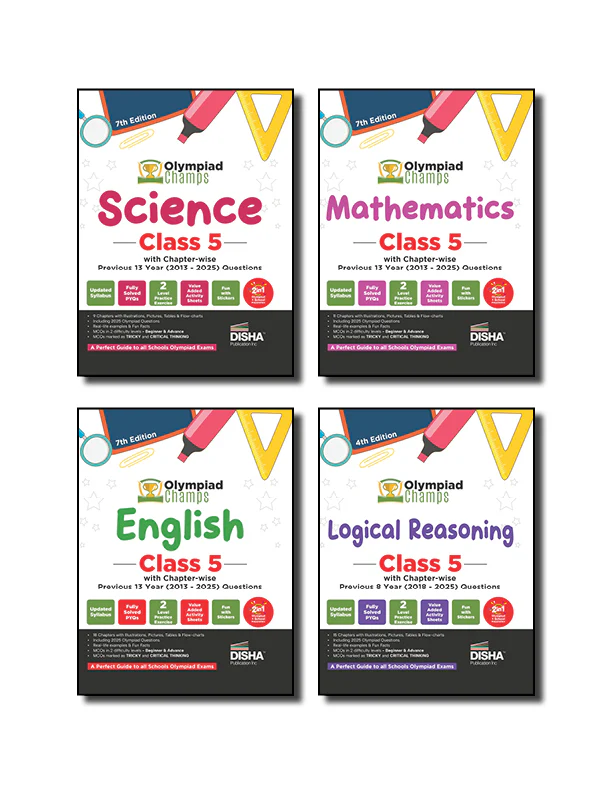 Disha Combo Class 5 (set of 4 books) Olympiad Champs Science, Mathematics, English & Logical Reasoning with Chapter-wise Previous 13 Year (2013 - 2025) Questions 2nd Edition | 2026 - 27 Exam