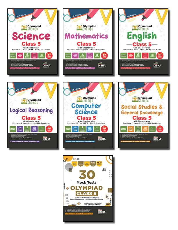 Disha Combo Class 5 (set of 7 books) Olympiad Champs Science, Mathematics, English, Logical Reasoning, Computer Science (Cyber) & GK with 30 Mock Tests 5th Edition | 2026 - 27 Exam