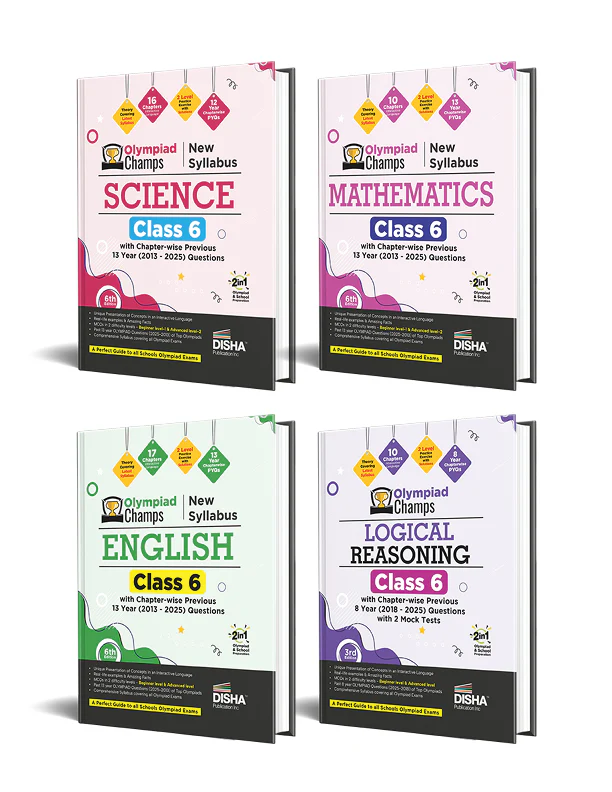 Disha Combo Class 6 (4 books) Olympiad Champs Science, Mathematics, English & Logical Reasoning with Chapter-wise Previous 13 Year (2013 - 2025) Questions 2nd Edition | 2026 - 27 Exam
