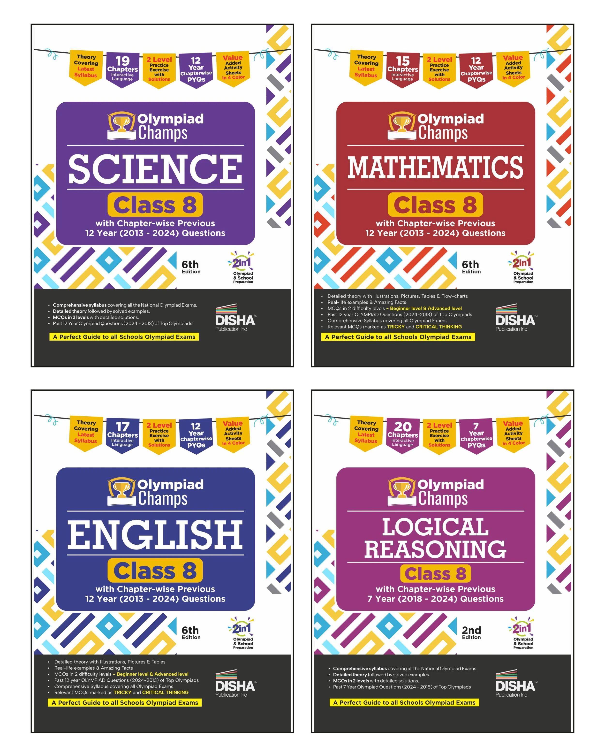 Disha Combo Class 8 (set of 4 books) Olympiad Champs Science, Mathematics, English & Logical Reasoning with Chapter-wise Previous 12 Year (2013 - 2024) Questions | 2026 Exam