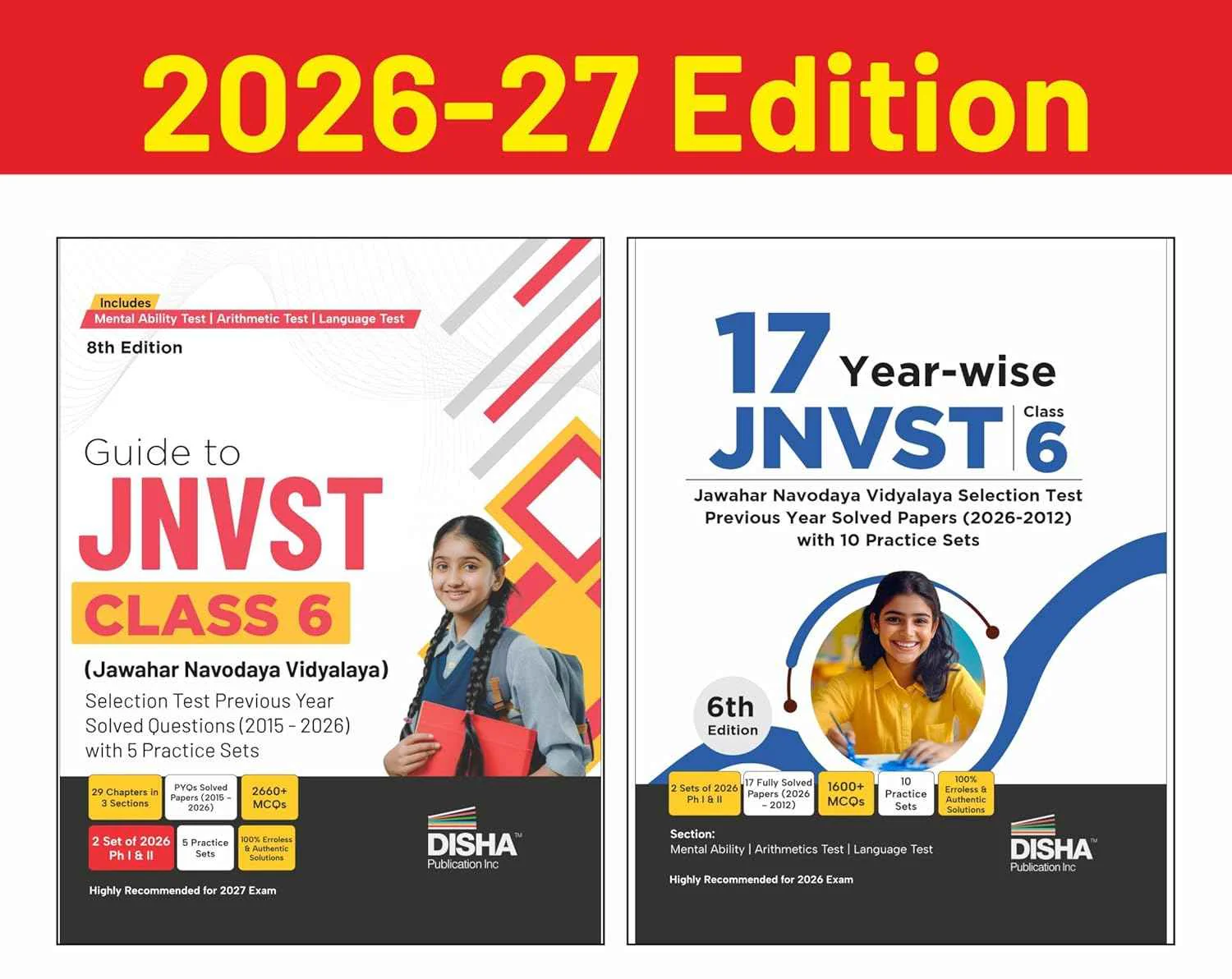 Disha Combo (set of 2 Books) Study Package for JNVST Class 6 Jawahar Navodaya Vidyalaya Selection Test - Guide + Previous Year Solved Papers + Practice Sets 6th Edition | For 2027 Exam | PYQs