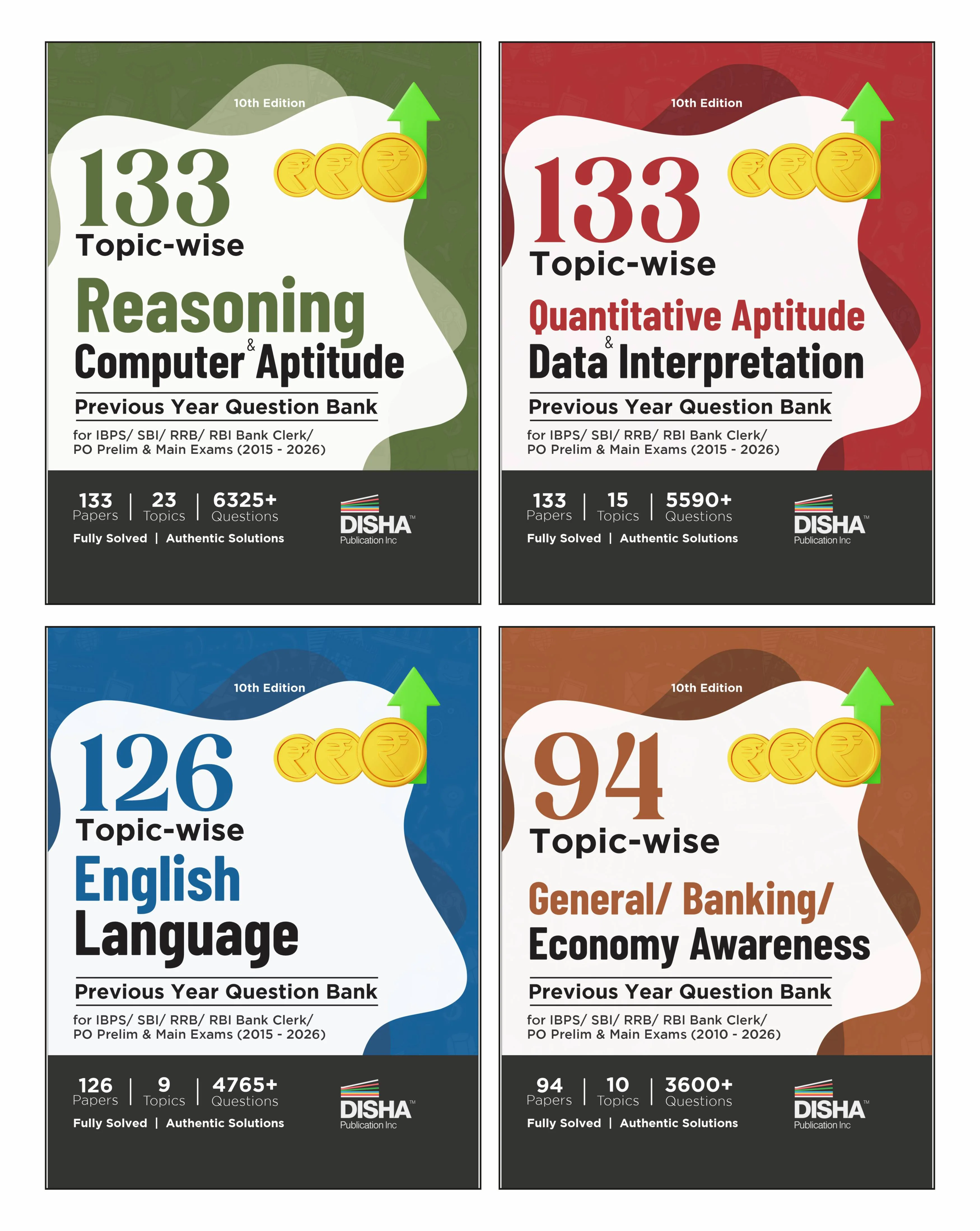 Disha Combo (set of 4 Books) 138 Topic-wise Reasoning/ Quantitative Aptitude/ English/ General Awareness Solved Papers for IBPS/ SBI/ RRB/ RBI Bank Clerk/ PO Prelim & Main Exams (2010 - 2026) 10th Edn