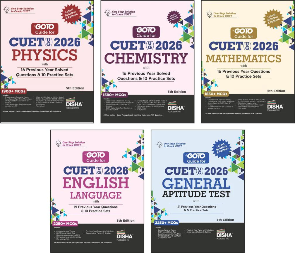 Disha Combo (set of 5 Books) GoTo Guides for CUET (UG) 2026 Science Stream - Physics, Chemistry, Mathematics, English & General Test 4th Edition | Previous Year Questions (PYQs)