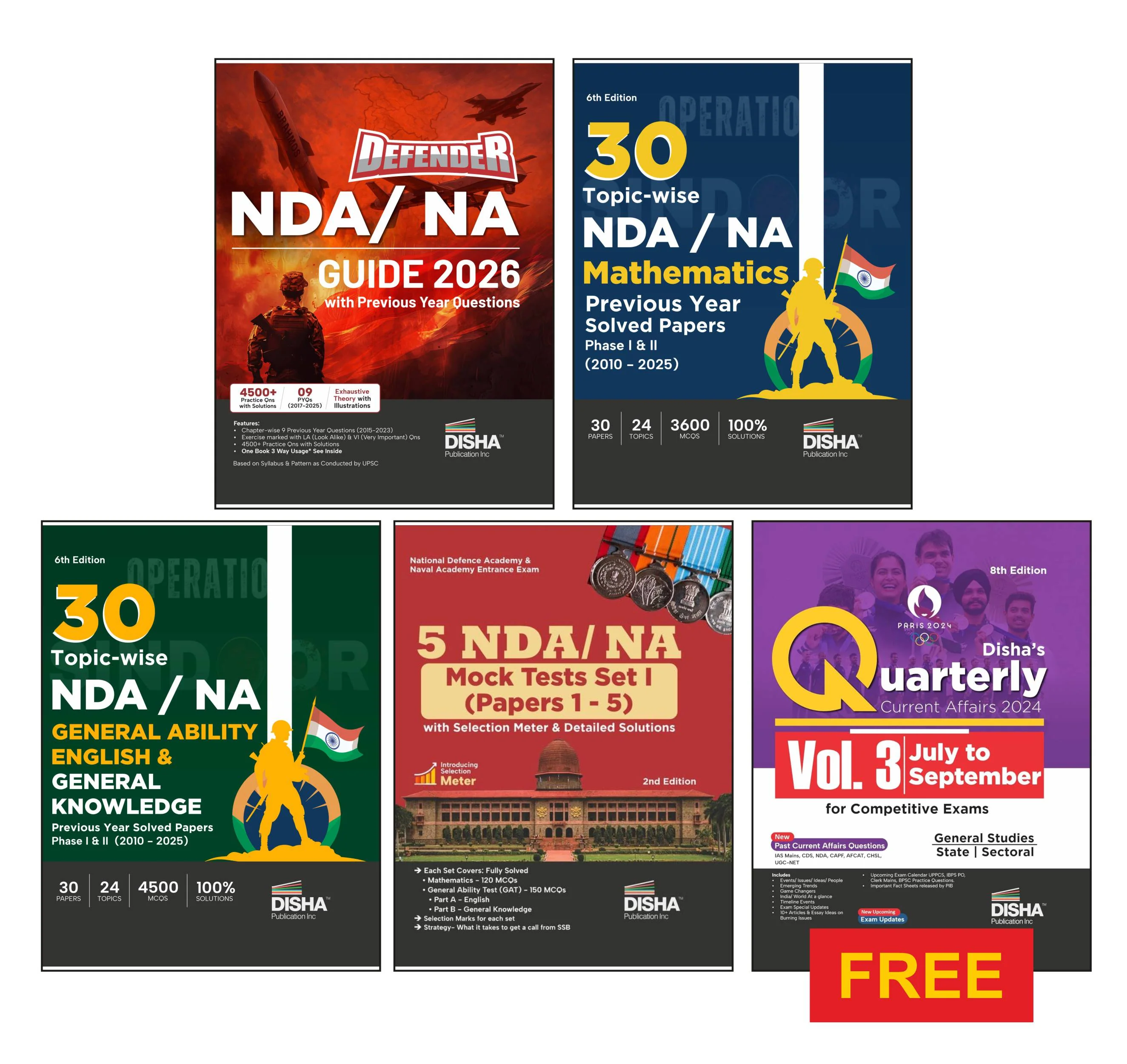 Disha Combo (Set of 5 Books) NDA/ NA Study Package - Guide + 38 Previous Year Solved Papers + 5 Practice Sets | Mathematics, English & General Knowledge with Free Quarterly Magazine 4th Edition