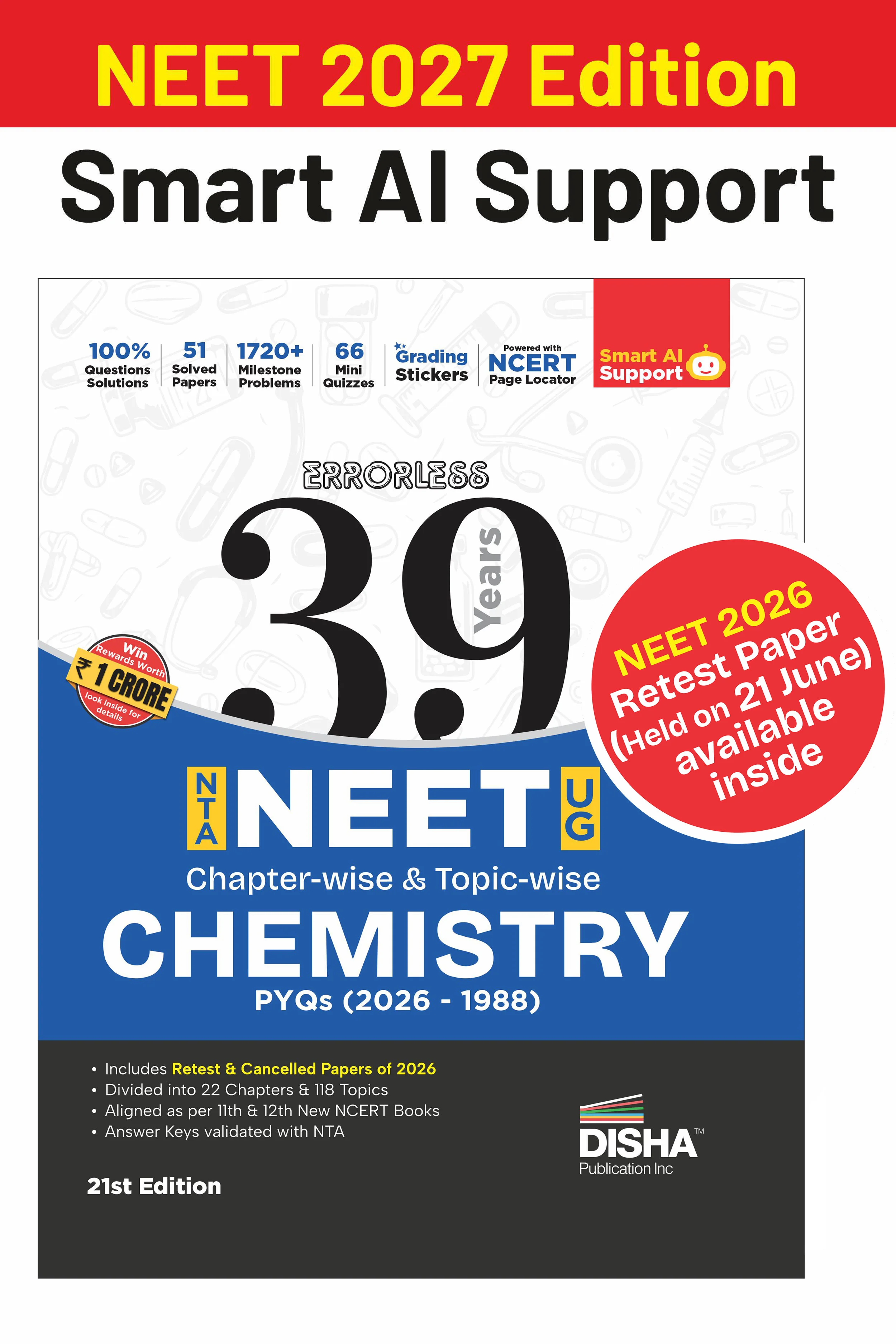 Disha Errorless 39 Years NTA NEET (UG) Chapter-wise & Topic-wise Chemistry NEET PYQ Book (2026 - 1988) 21st Edn | NEET Previous Year Solved Papers for 2027 Exam with 2026 Cancelled & Retest Paper