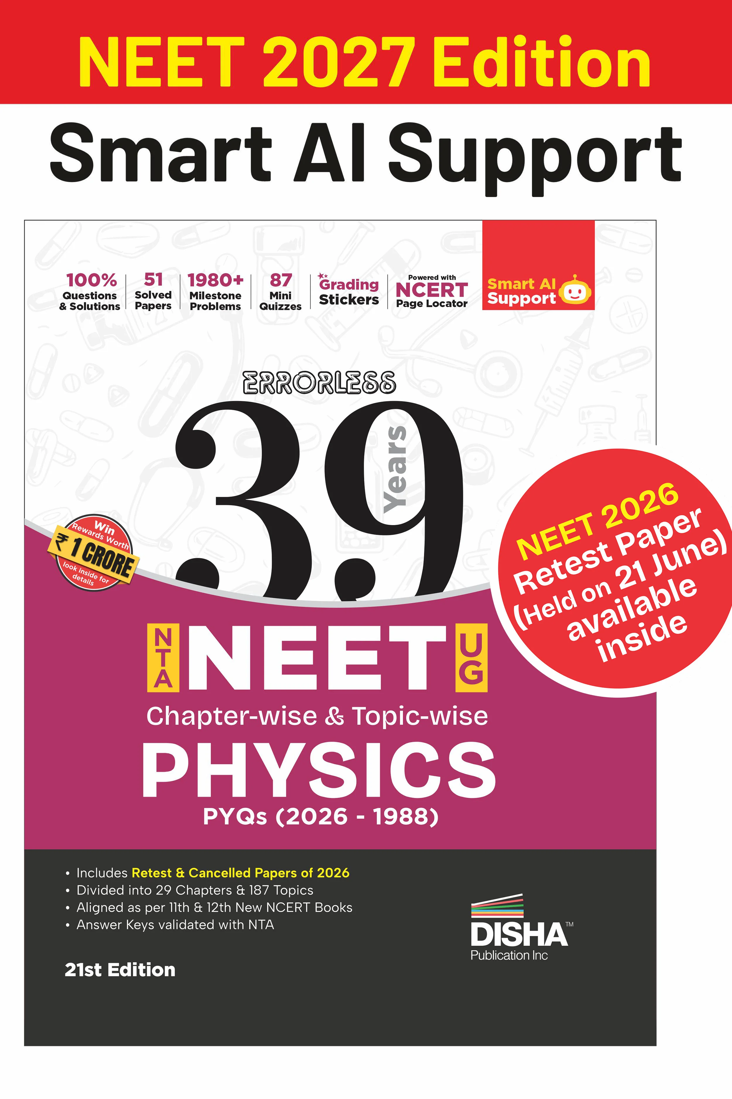 Disha Errorless 39 Years NTA NEET (UG) Chapter-wise & Topic-wise Physics NEET PYQ Book (2026 - 1988) 21st Edn | NEET Previous Year Solved Papers for 2027 Exam with 2026 Cancelled & Retest Paper