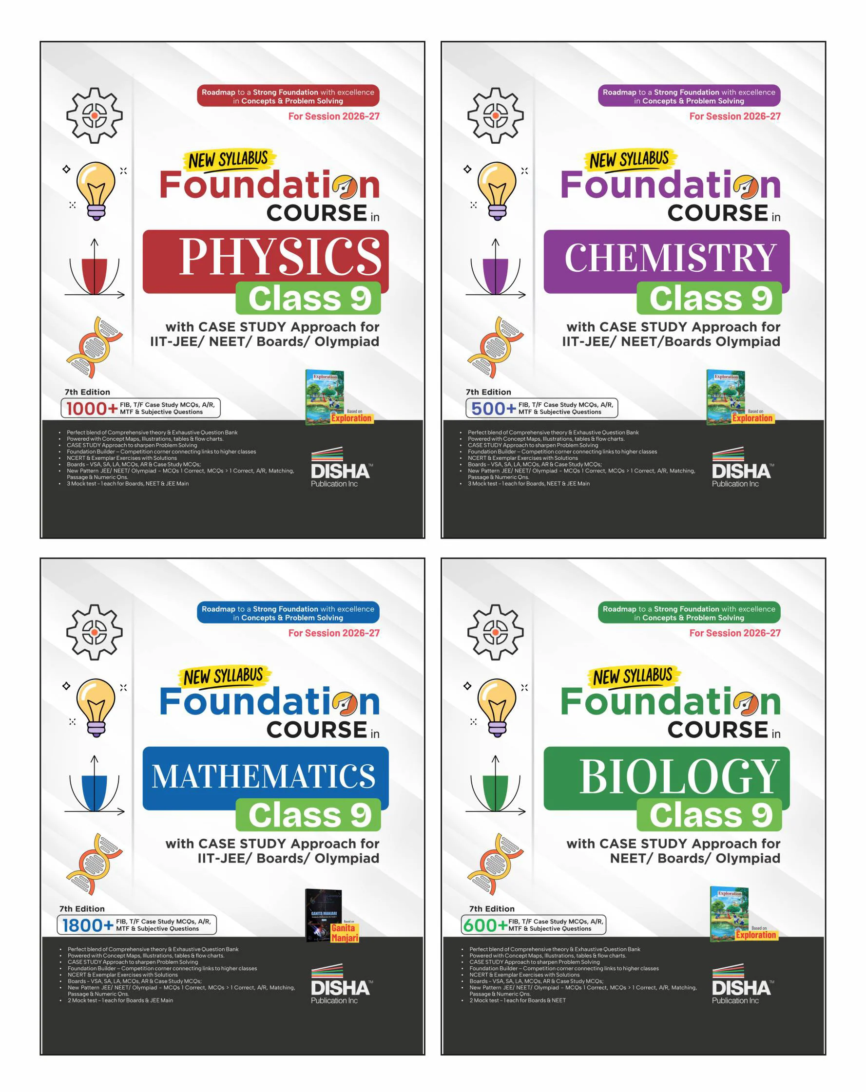 Disha New Syllabus Combo (4 Books) Foundation Course Class 9 Physics, Chemistry, Mathematics & Biology for IIT JEE/ NEET/ Boards/ Olympiad - 7th Edn | NCERT Exploration & Ganita Manjari | Advance Problem Solving IX