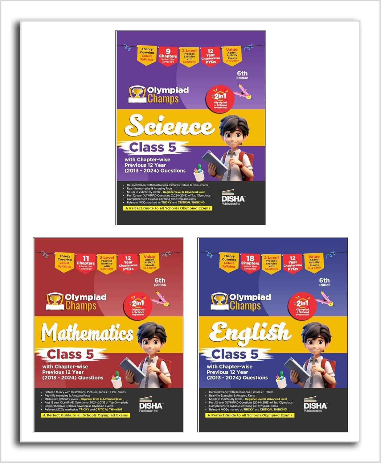 Old Edition - Disha Olympiad Champs Science, Mathematics, English Class 5 with Past Questions 5th Edition (set of 3 books) - Image 2